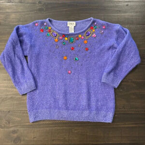 Vintage Erika Petite Knit Sweater Purple Gemstone Beaded Mardi Gras Party Small